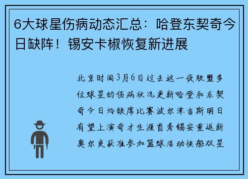 6大球星伤病动态汇总：哈登东契奇今日缺阵！锡安卡椒恢复新进展