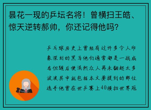 昙花一现的乒坛名将！曾横扫王皓、惊天逆转郝帅，你还记得他吗？